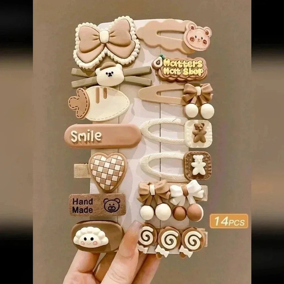 Other - Brown white kawaii aesthetic cute hair clips bow teddy bear 🧸 women girls accen